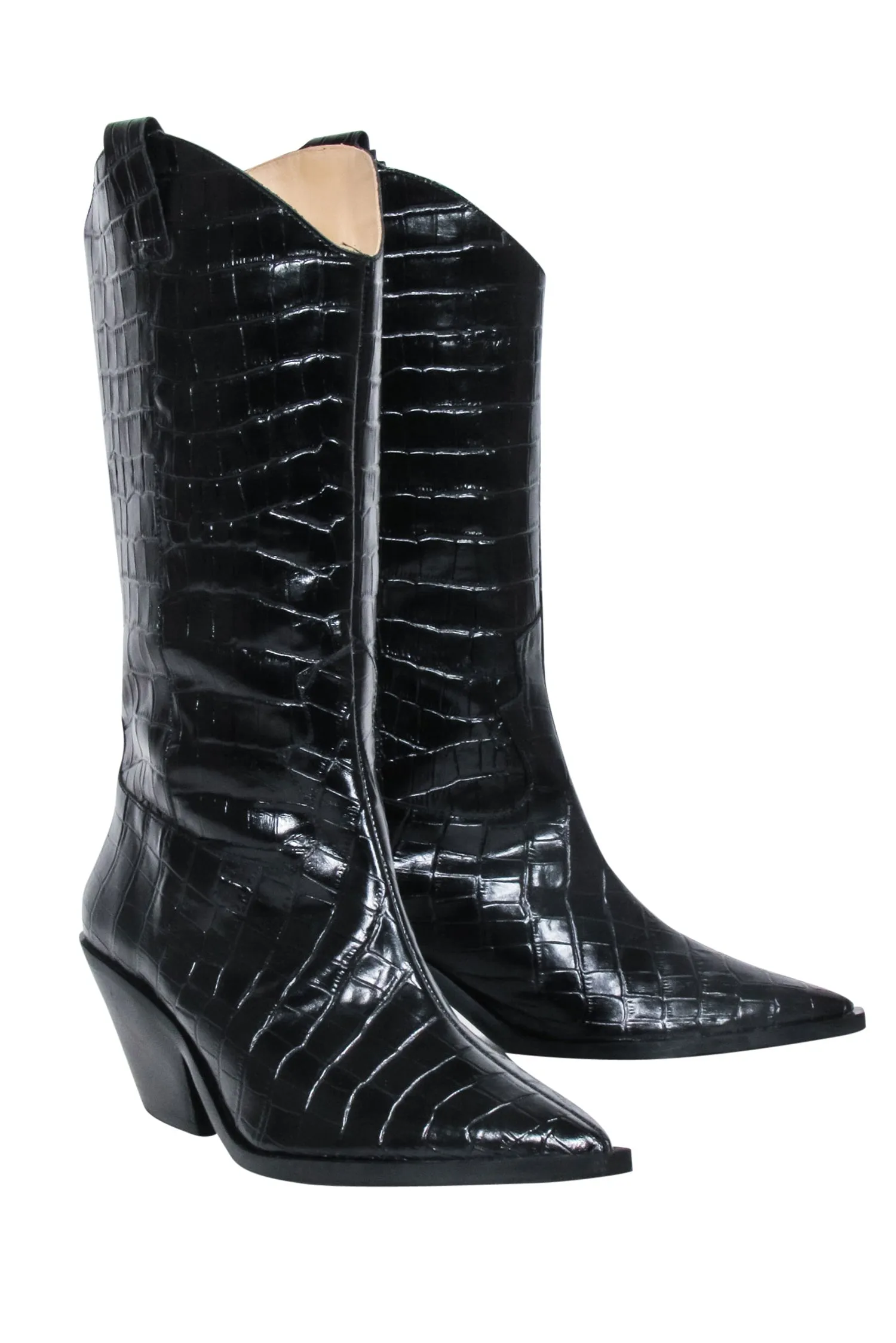 & Other Stories - Black Croc Embossed Leather Cowboy Boots Sz 9.5