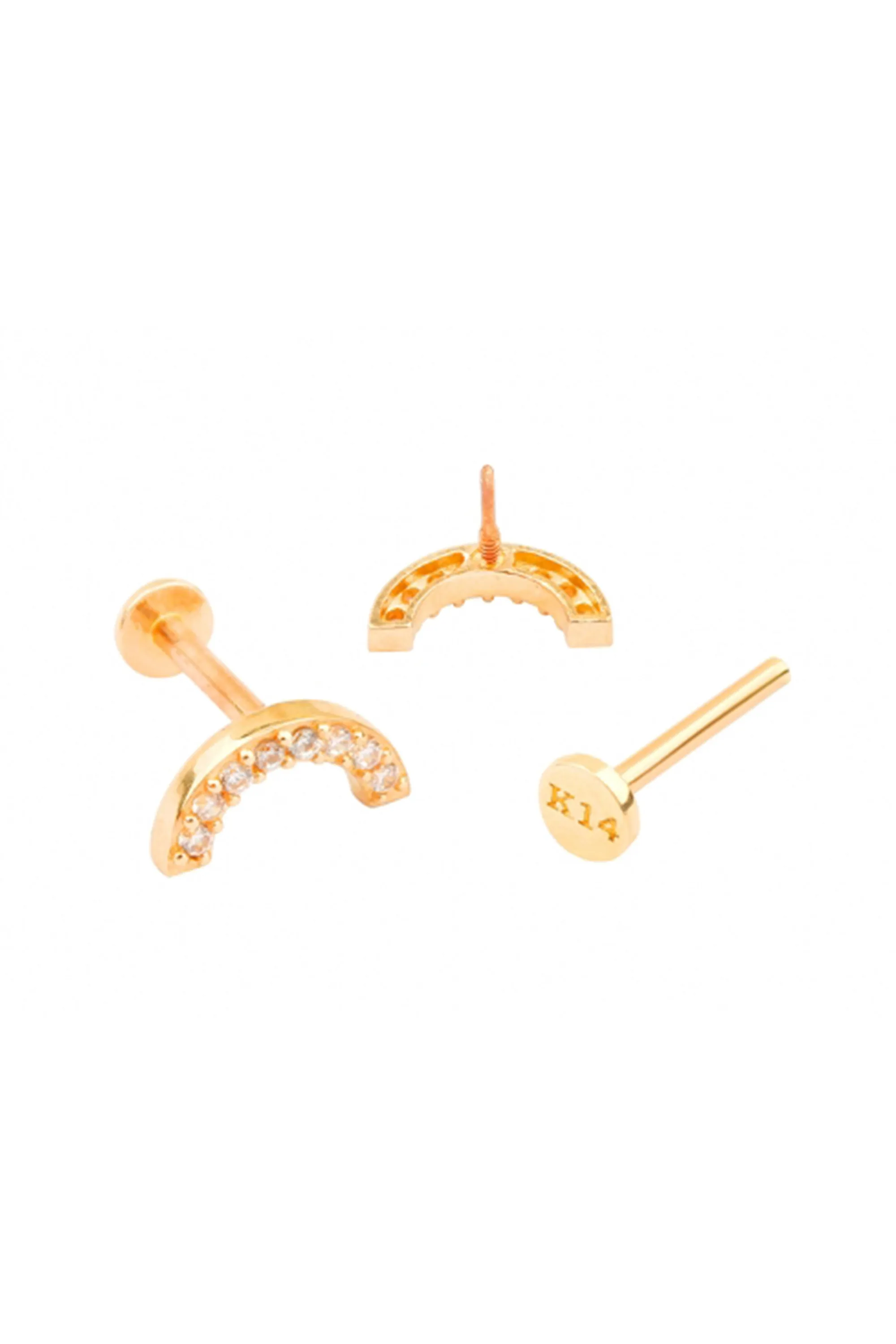 14k Gold Minimalist Curve Rainbow Cartilage Tragus Helix Lobe Internally Threaded Flat Back Earring Labret