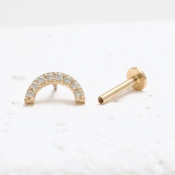 14k Gold Minimalist Curve Rainbow Cartilage Tragus Helix Lobe Internally Threaded Flat Back Earring Labret