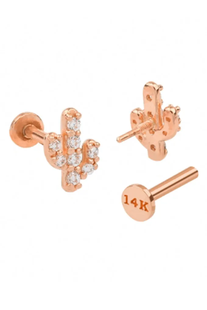 14k Gold Minimalist Cz Cactus Cartilage Tragus Helix Lobe Internally Threaded Flat Back Earring Labret