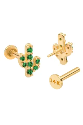 14k Gold Minimalist Cz Cactus Cartilage Tragus Helix Lobe Internally Threaded Flat Back Earring Labret