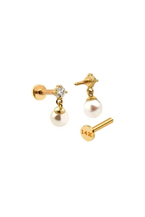 14k Gold Minimalist Fresh Water Pearl Dangle Cz Cartilage Tragus Helix Lobe Internally Threaded Flat Back Earring Labret