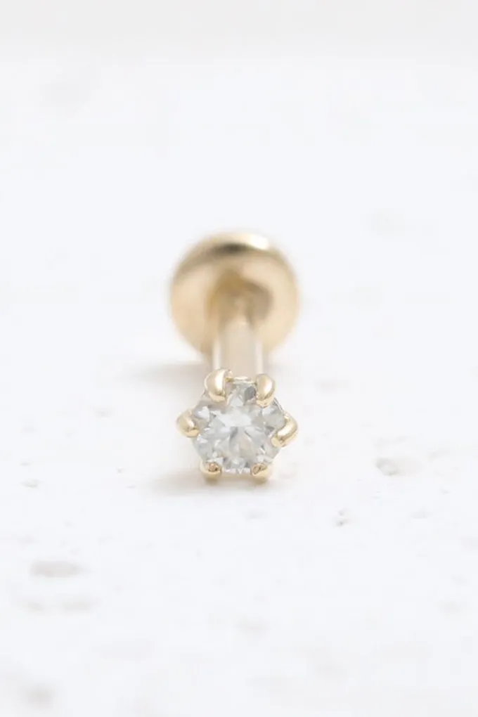 14K Solid Gold 0.03ct CZ, Moissanite, Lab or Genuine Diamond Helix Cartilage Tragus Inner Conch Internally Threaded Flat Back Ea