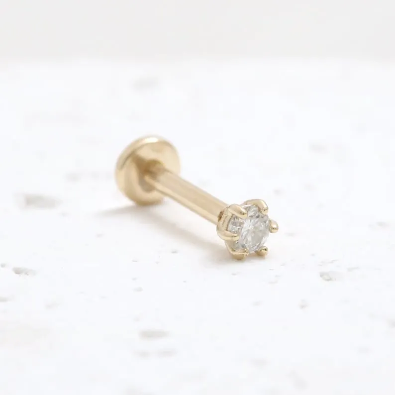 14K Solid Gold 0.03ct CZ, Moissanite, Lab or Genuine Diamond Helix Cartilage Tragus Inner Conch Internally Threaded Flat Back Ea