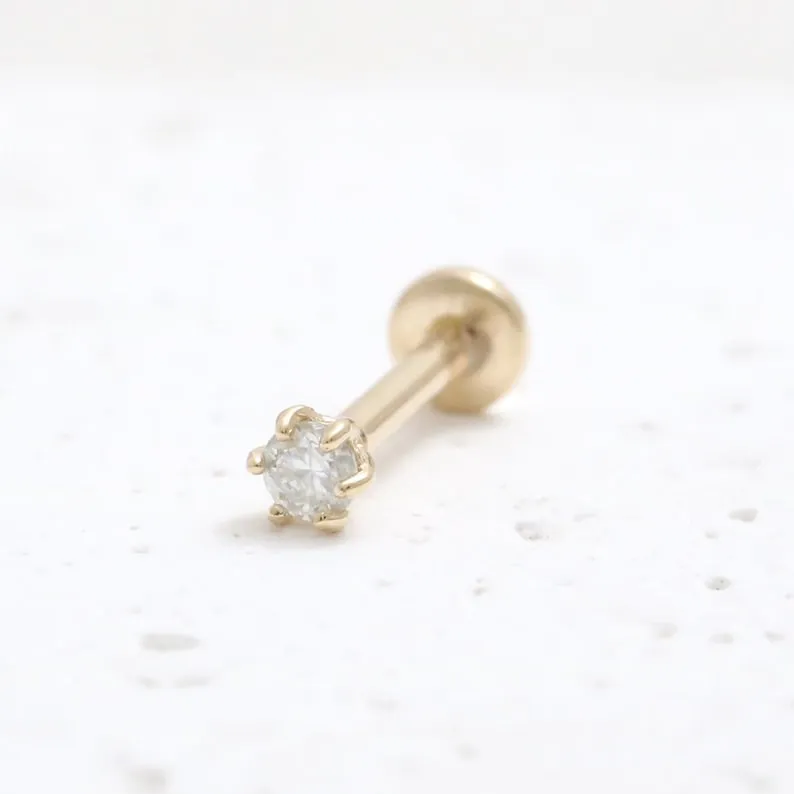 14K Solid Gold 0.03ct CZ, Moissanite, Lab or Genuine Diamond Helix Cartilage Tragus Inner Conch Internally Threaded Flat Back Ea