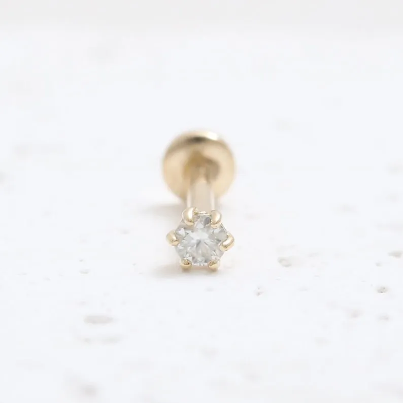 14K Solid Gold 0.03ct CZ, Moissanite, Lab or Genuine Diamond Helix Cartilage Tragus Inner Conch Internally Threaded Flat Back Ea