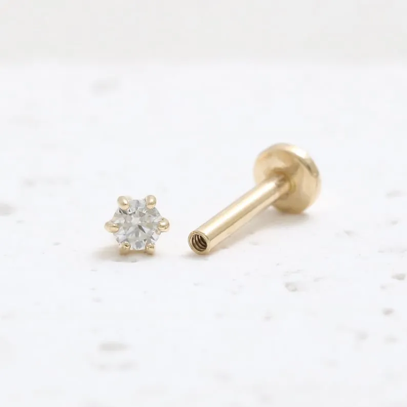 14K Solid Gold 0.03ct CZ, Moissanite, Lab or Genuine Diamond Helix Cartilage Tragus Inner Conch Internally Threaded Flat Back Ea