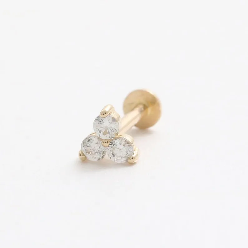 14K Solid Gold 1.8mm Rough Diamond Helix Cartilage Internally Threaded Flat Back Earring Labret