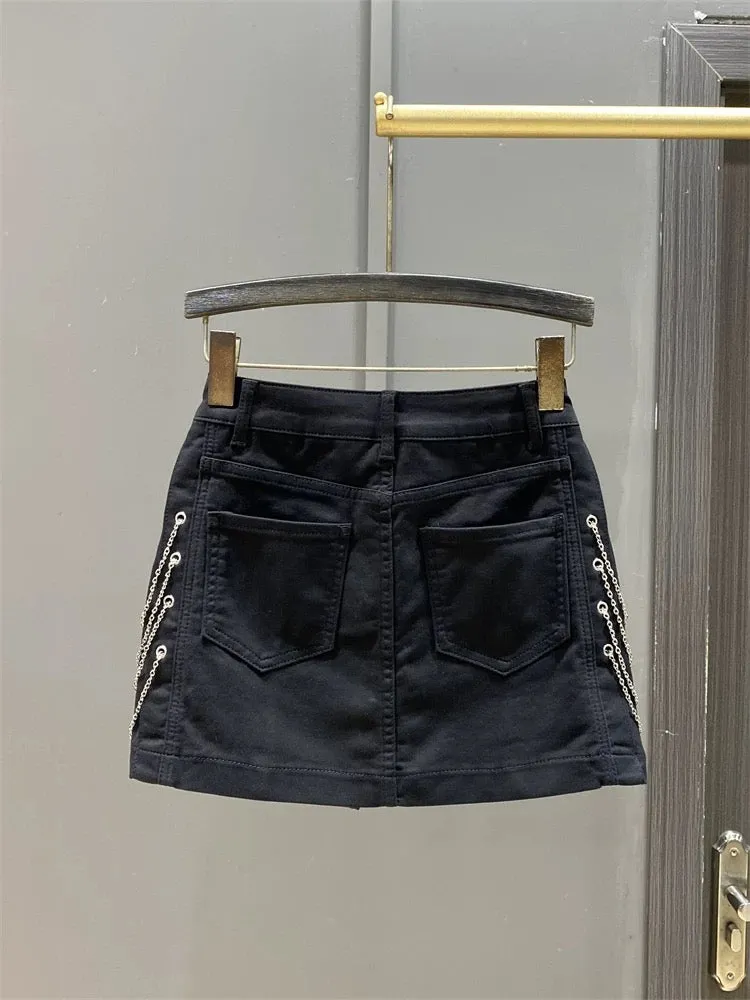 2025 Spring and Summer New Chain Niche Design High Waist Denim Short Skirt Female Slim Hot Girl Half Body Hip Skirt