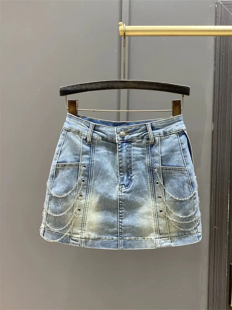 2025 Spring and Summer New Chain Niche Design High Waist Denim Short Skirt Female Slim Hot Girl Half Body Hip Skirt