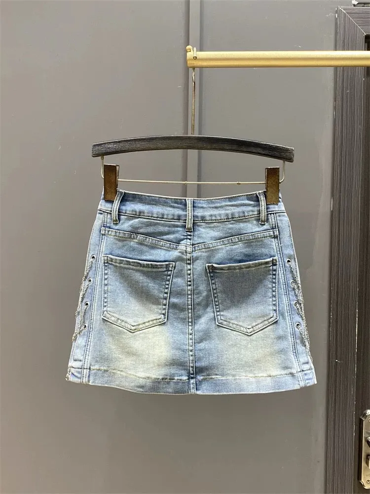 2025 Spring and Summer New Chain Niche Design High Waist Denim Short Skirt Female Slim Hot Girl Half Body Hip Skirt