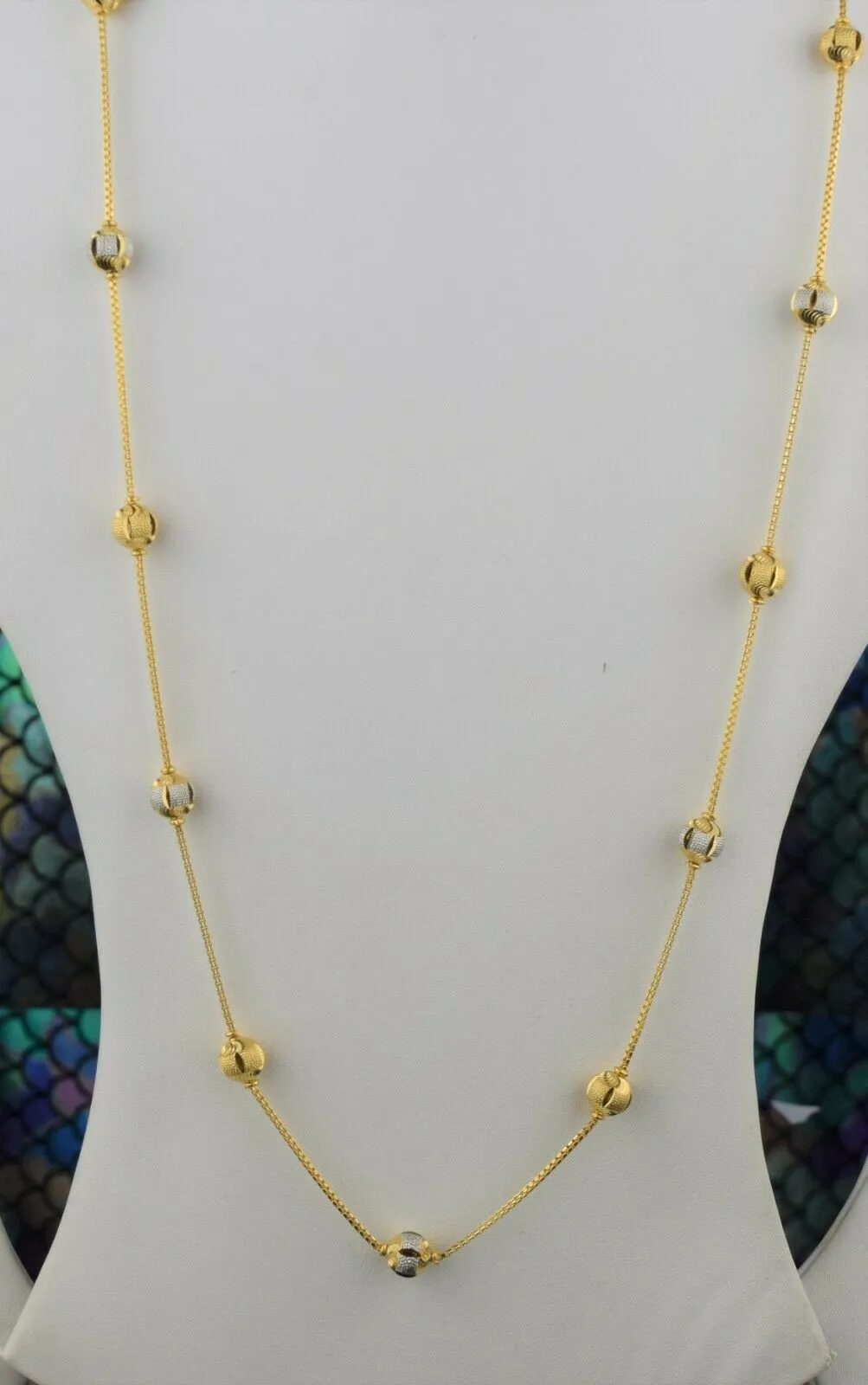 22k Solid Gold Ladies Elegant Two Tone Snake Chain with Beads and Charms.