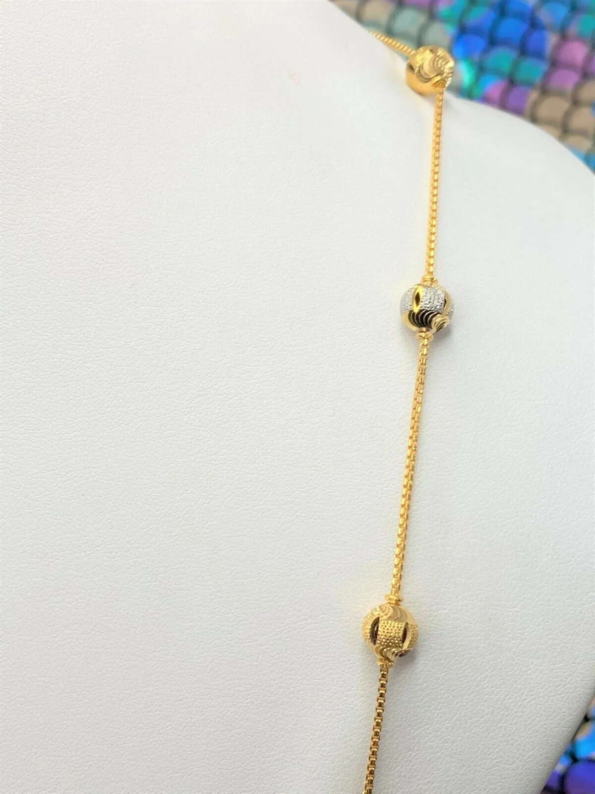 22k Solid Gold Ladies Elegant Two Tone Snake Chain with Beads and Charms.