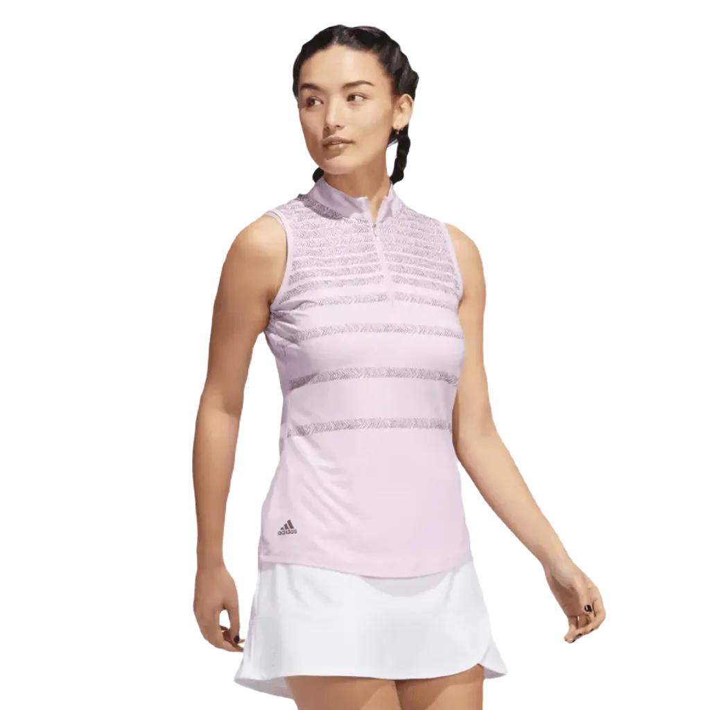 Pink Adidas Ladies Sleeveless Polo with Herringbone Stripes