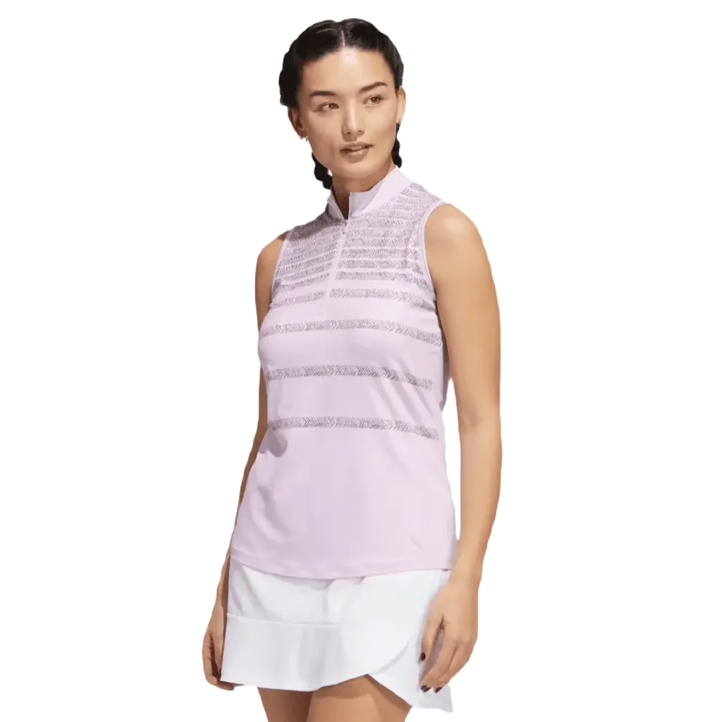 Pink Adidas Ladies Sleeveless Polo with Herringbone Stripes