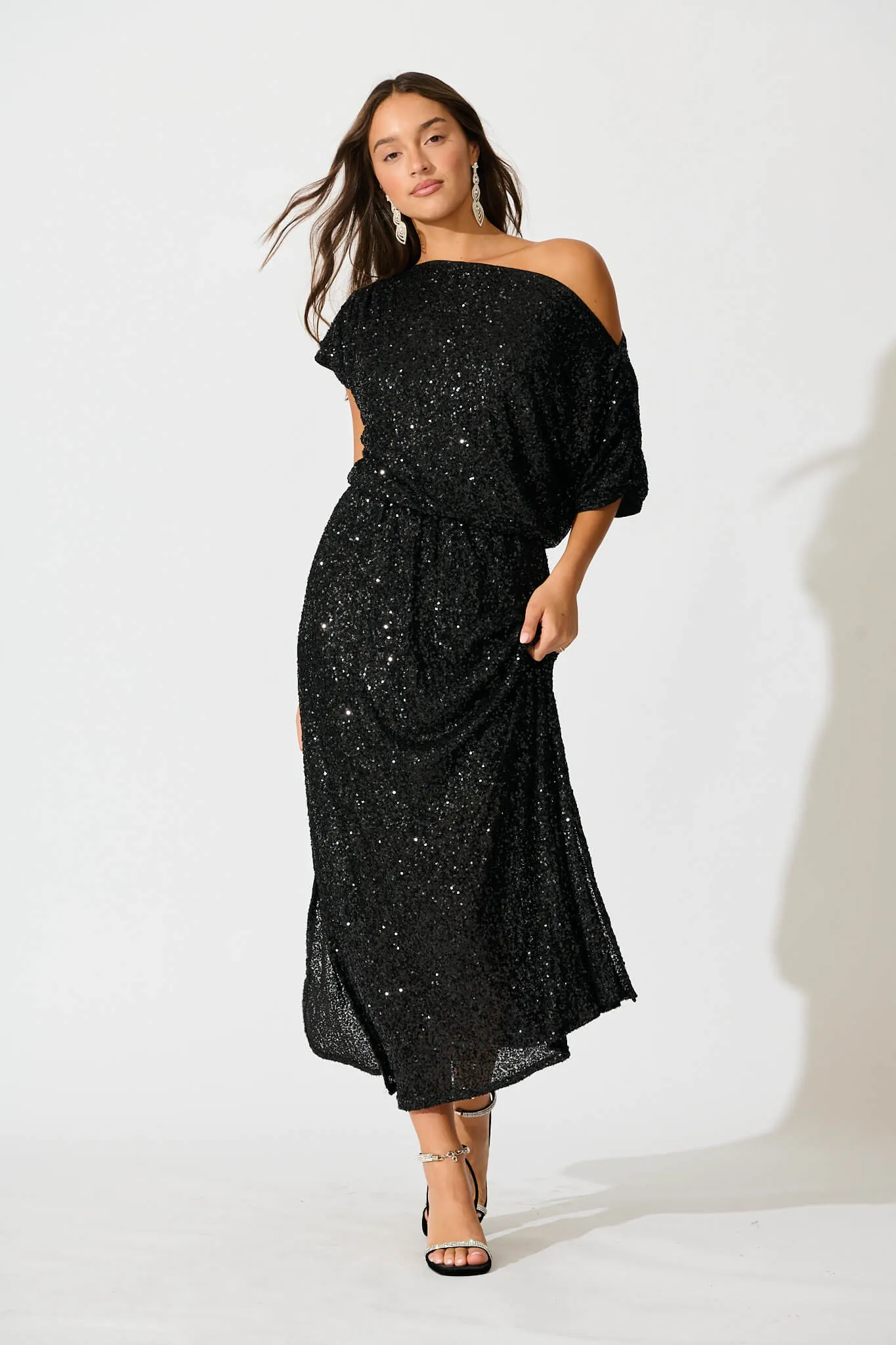 Amiri Off Shoulder Maxi Dress in Black Sequin