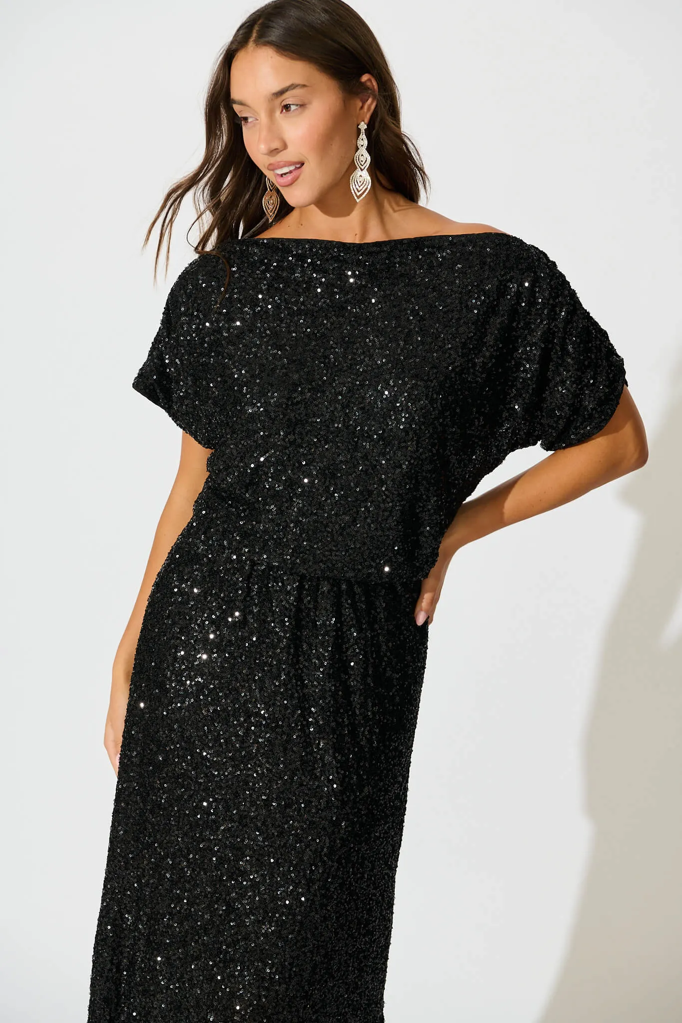 Amiri Off Shoulder Maxi Dress in Black Sequin