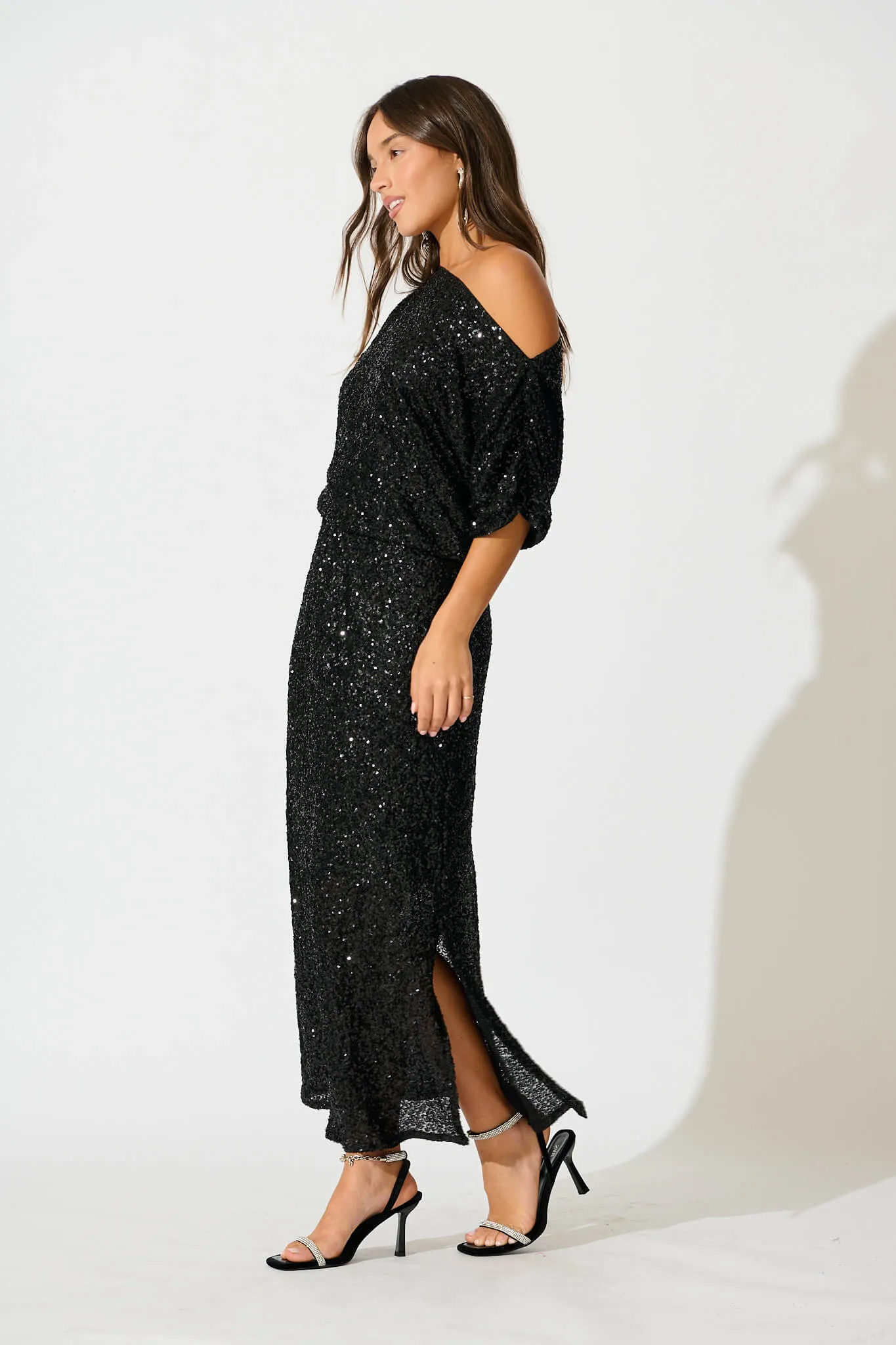 Amiri Off Shoulder Maxi Dress in Black Sequin