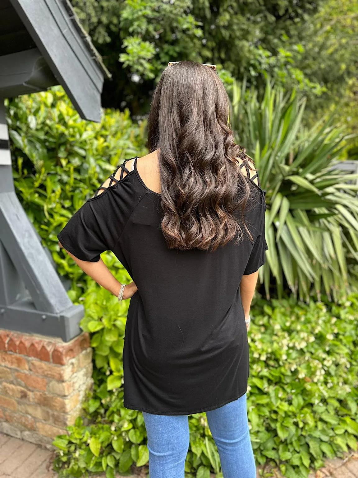 Amy Black Cross Open Shoulder Top.