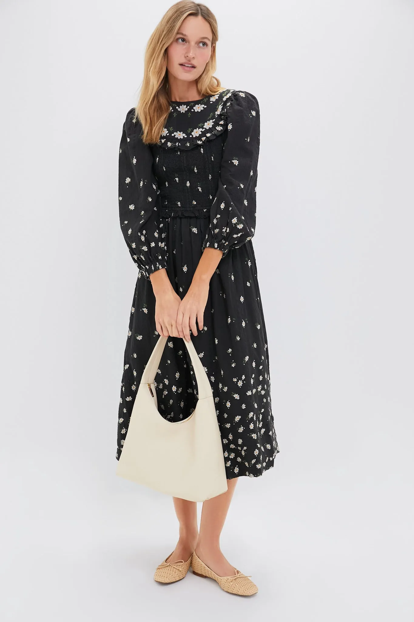 Black Elizabeth Print Smocked Midi Dress