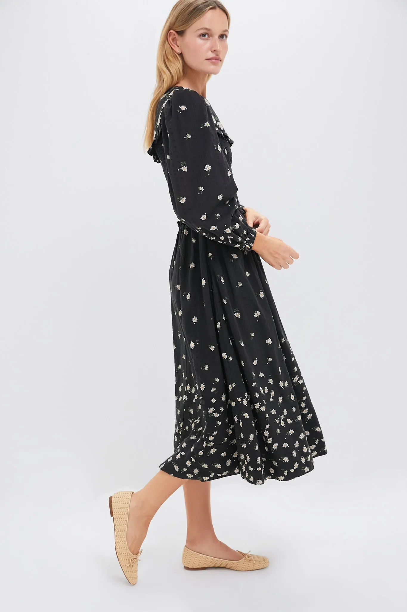 Black Elizabeth Print Smocked Midi Dress