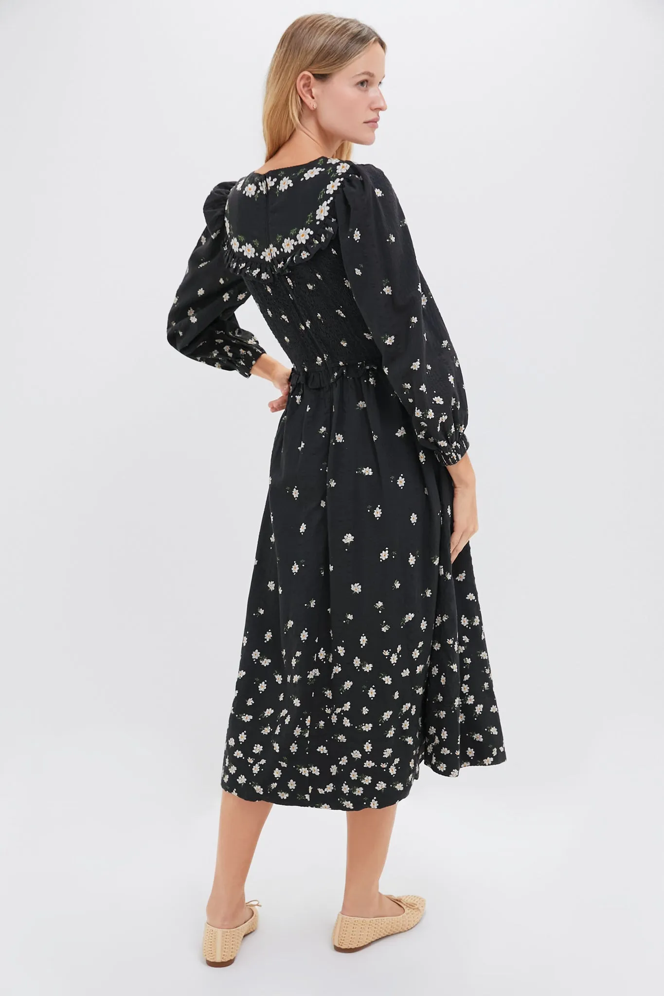 Black Elizabeth Print Smocked Midi Dress