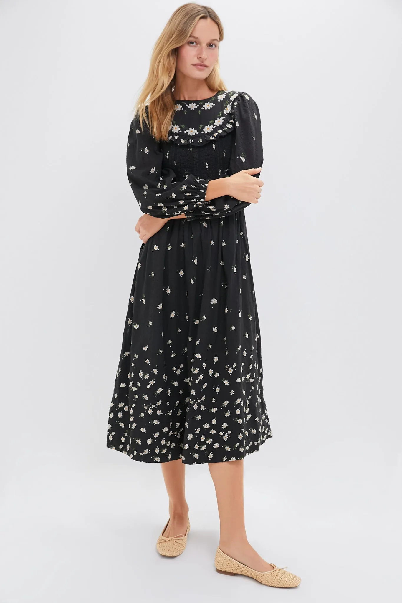 Black Elizabeth Print Smocked Midi Dress