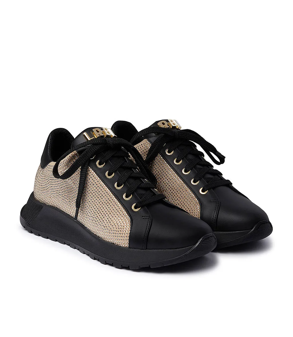 Black leather sneakers with rhinestones and beige suede