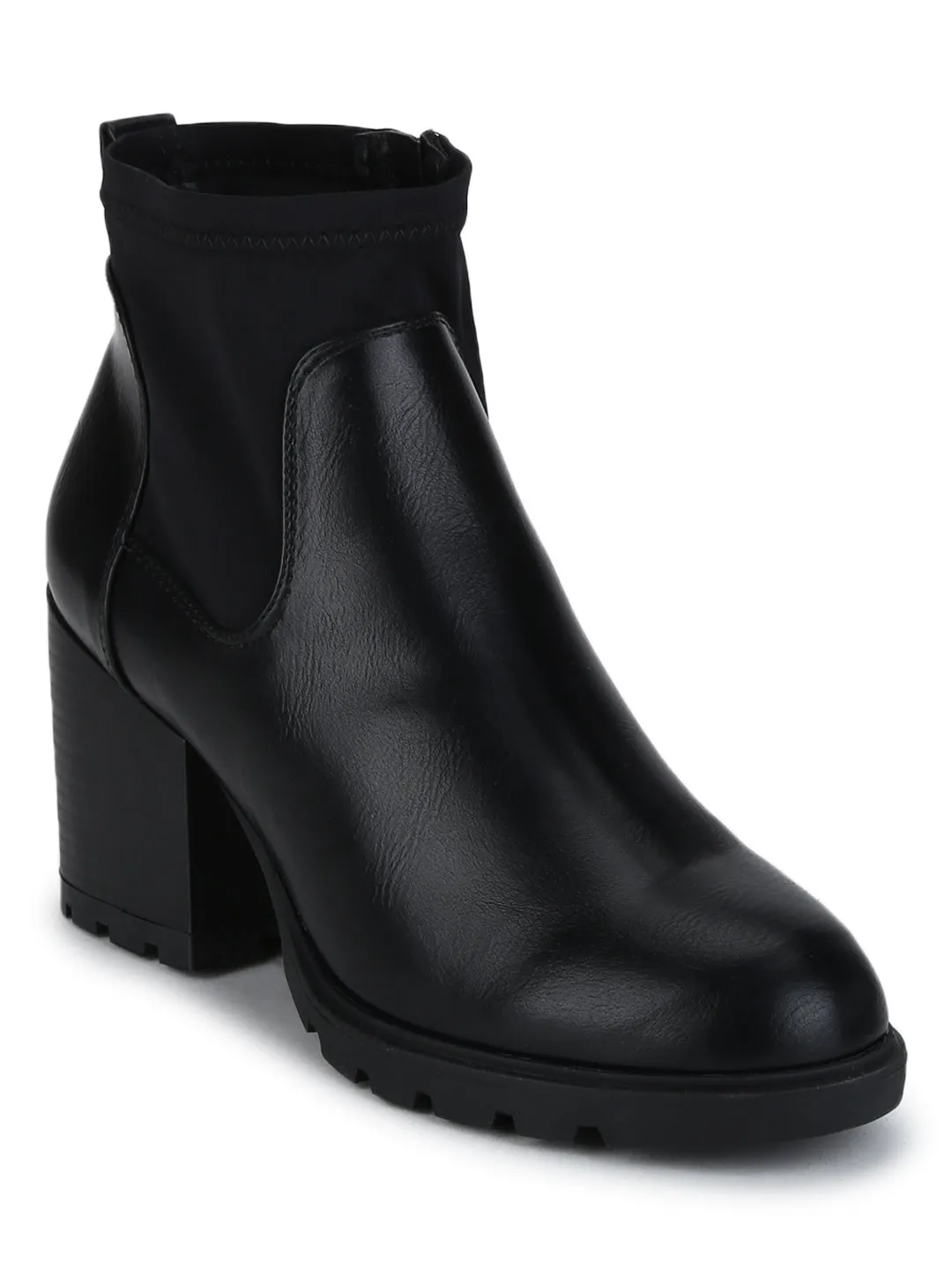 Black PU Double Shade Low Block Heel Ankle Length Boots