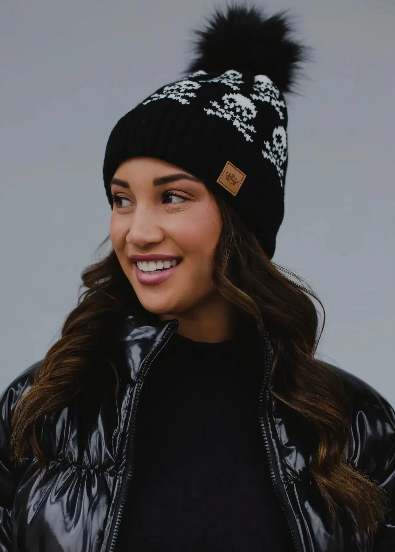 Black Skull Pattern Knit Hat with Faux Fur Pom