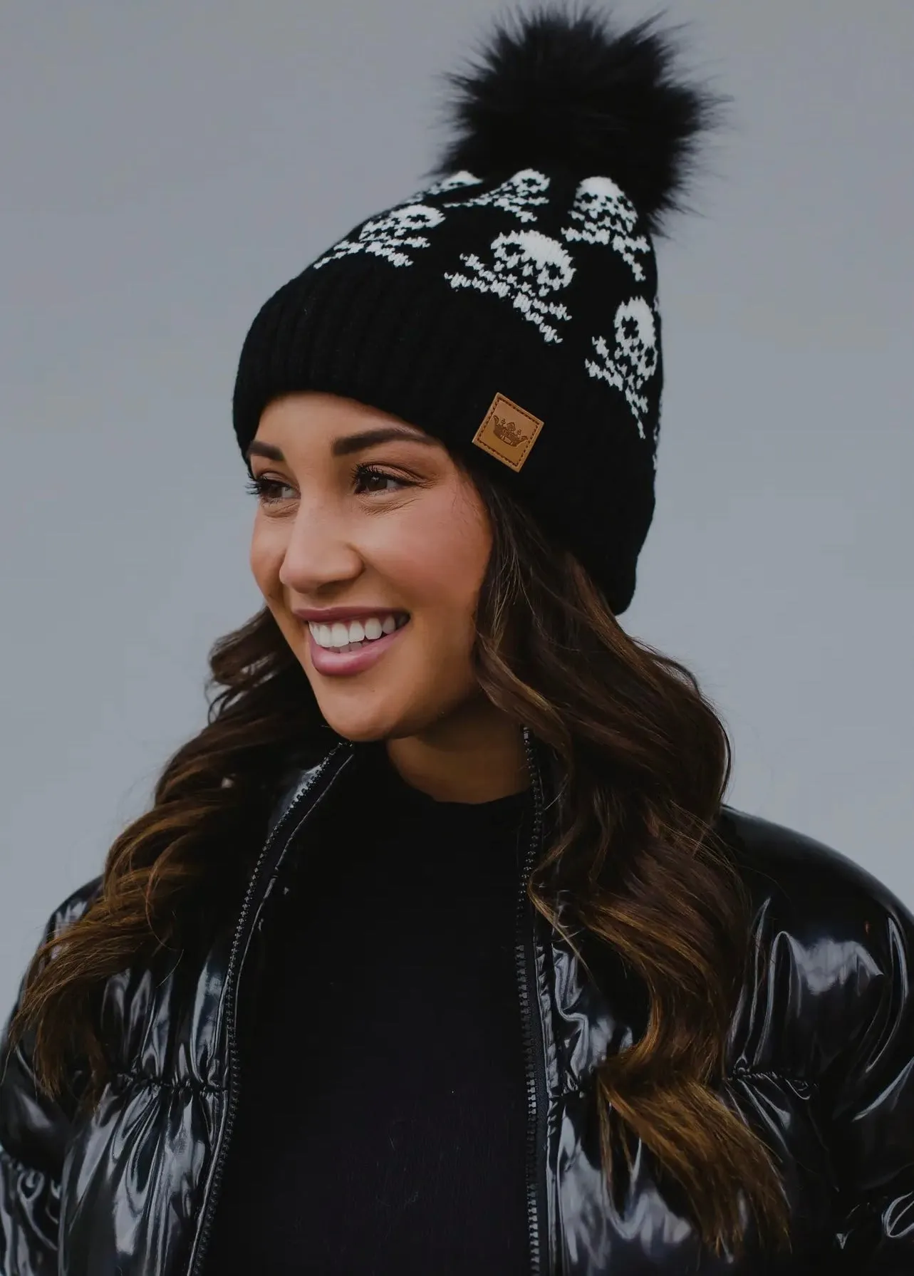 Black Skull Pattern Knit Hat with Faux Fur Pom