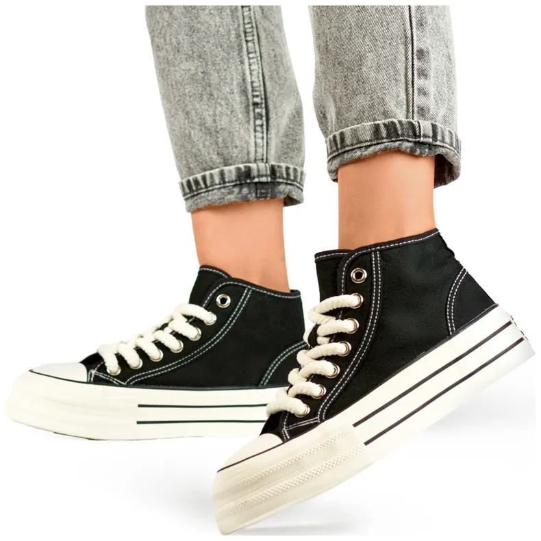 Black sneakers with a thick sole, women's high-top sneakers