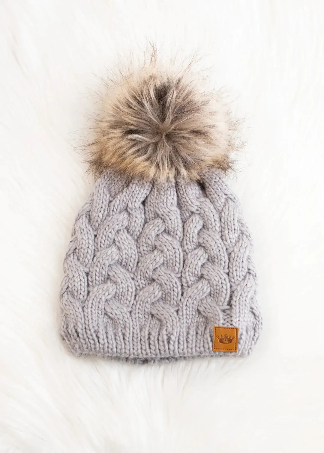 Braided Knit Hat with Faux Fur Pom