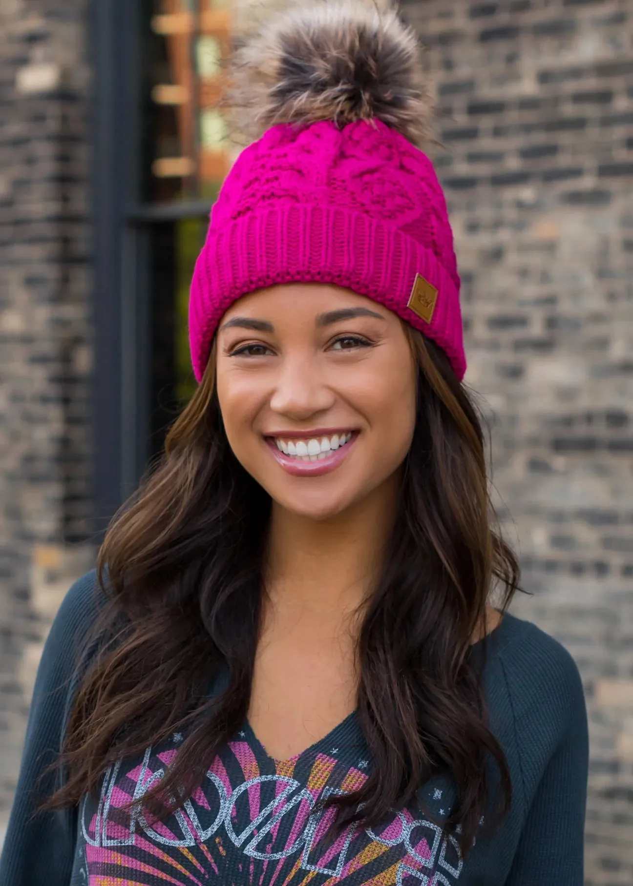 Cable Knit Hat with Faux Fur Pom