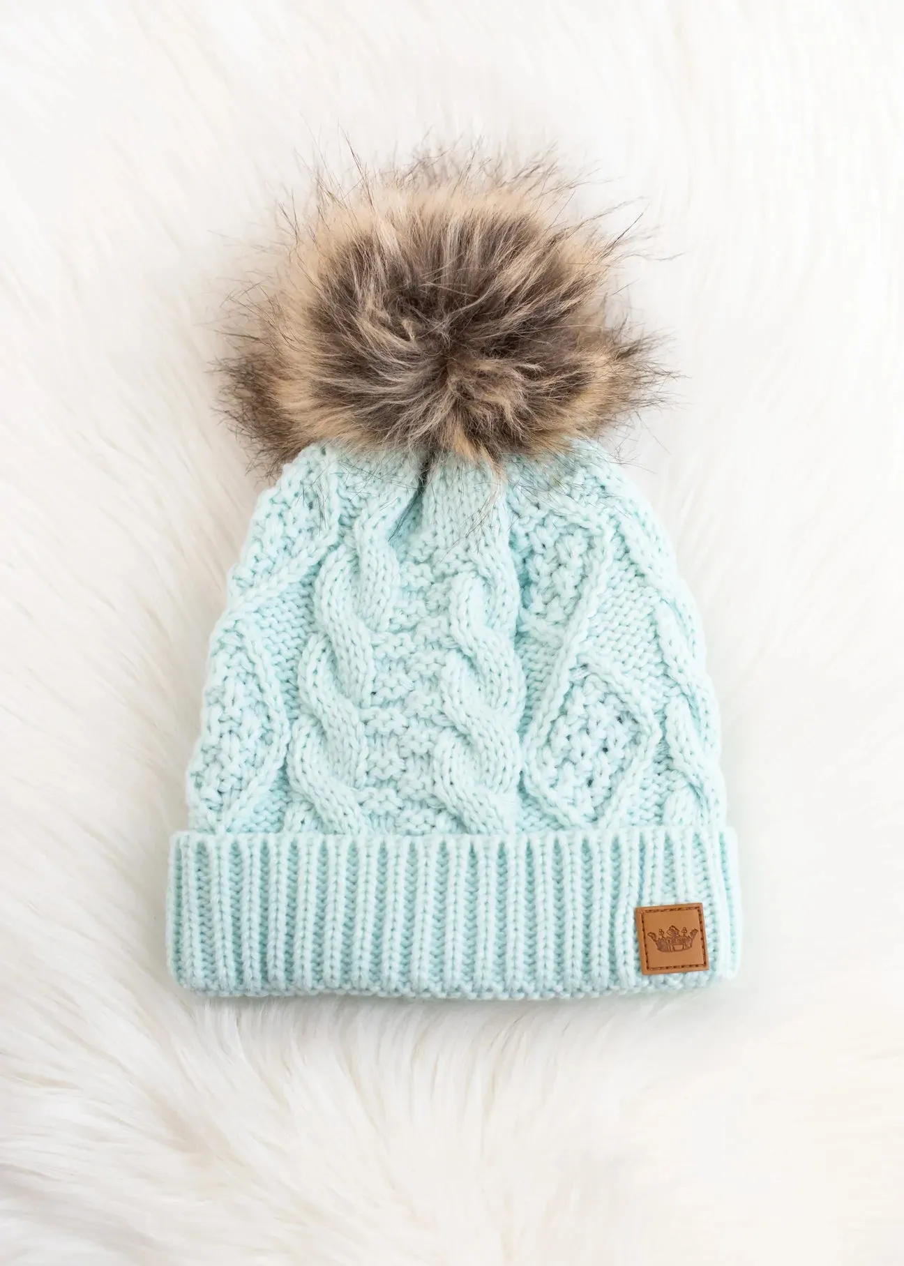 Cable Knit Hat with Faux Fur Pom