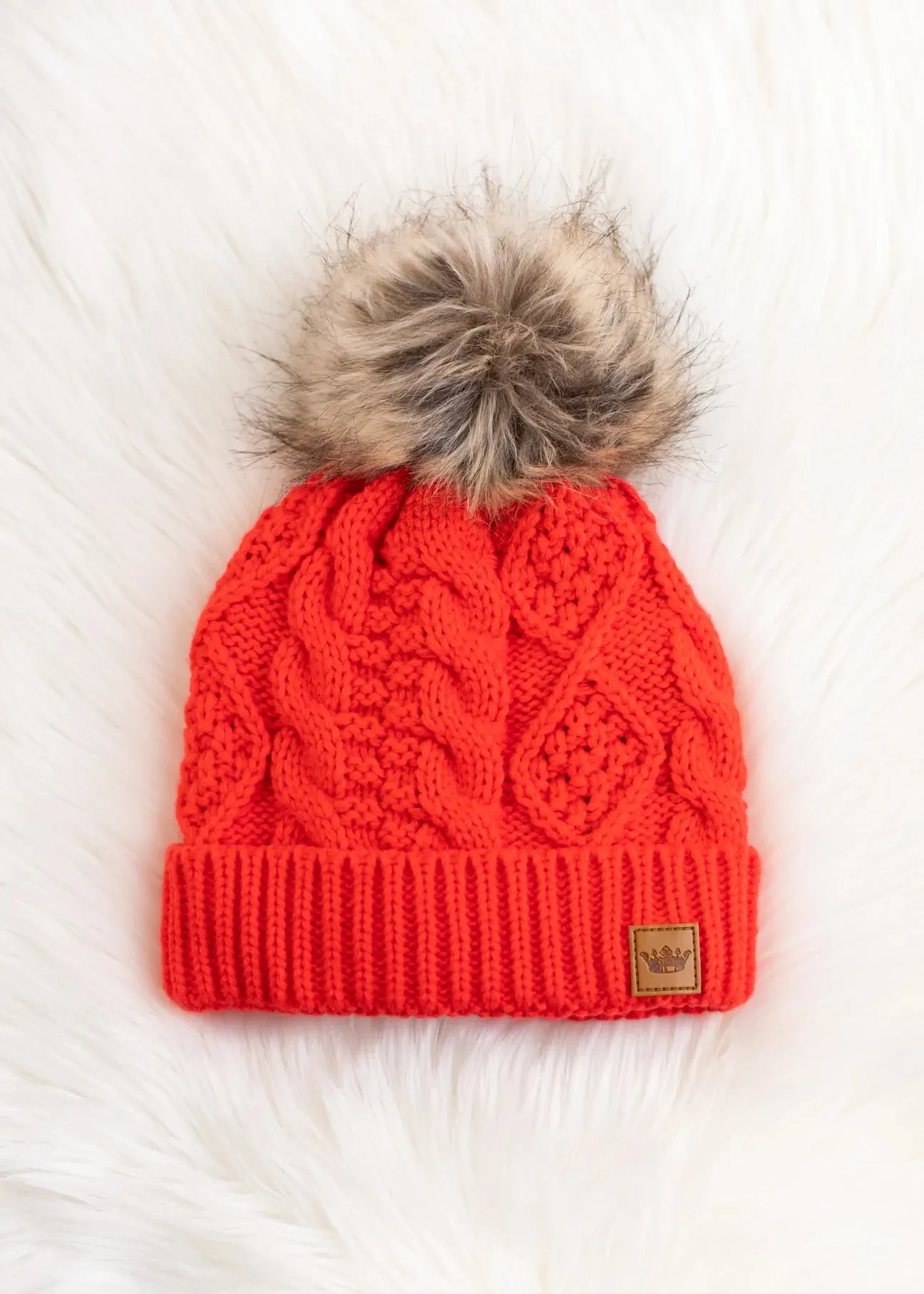 Cable Knit Hat with Faux Fur Pom