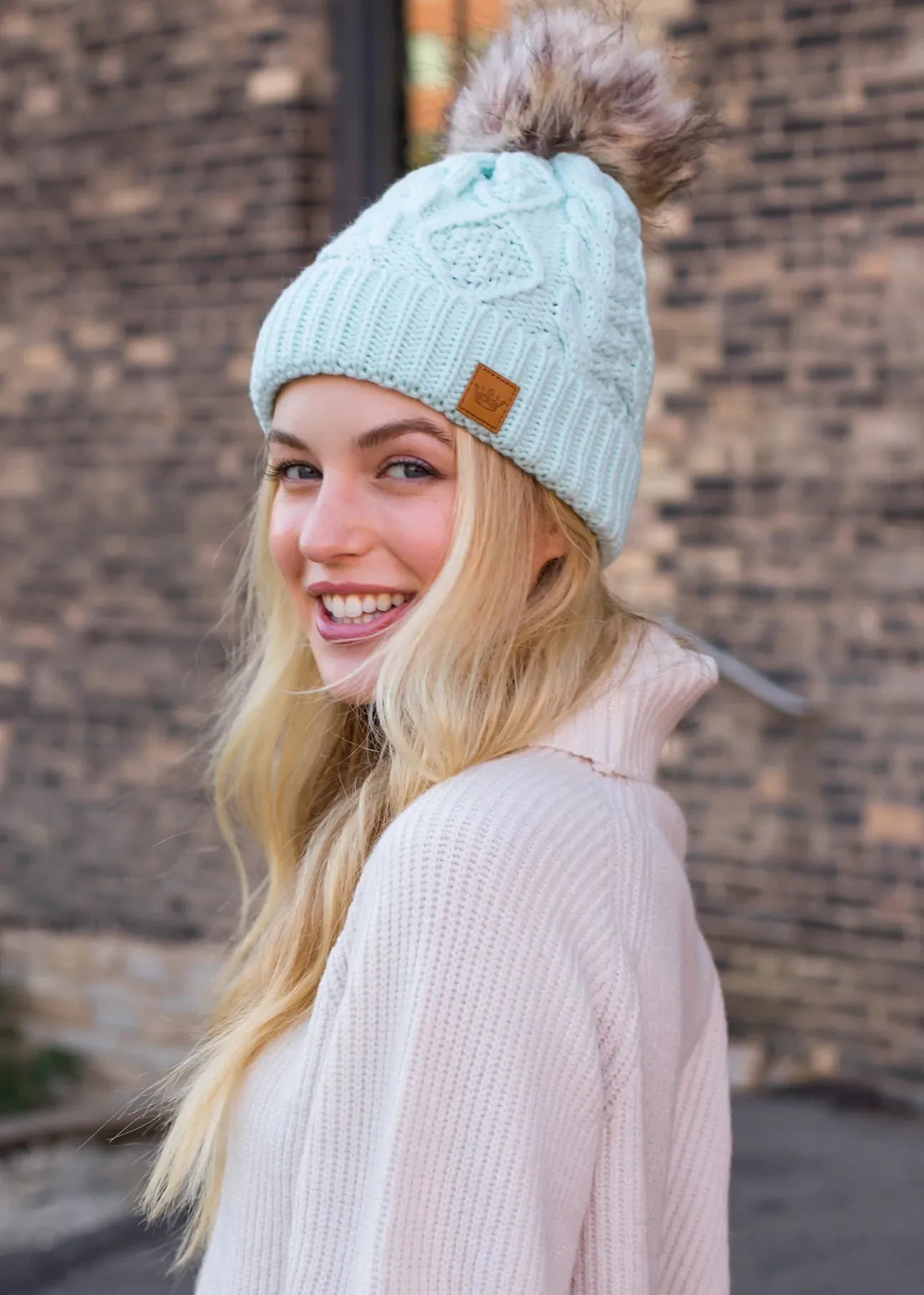 Cable Knit Hat with Faux Fur Pom