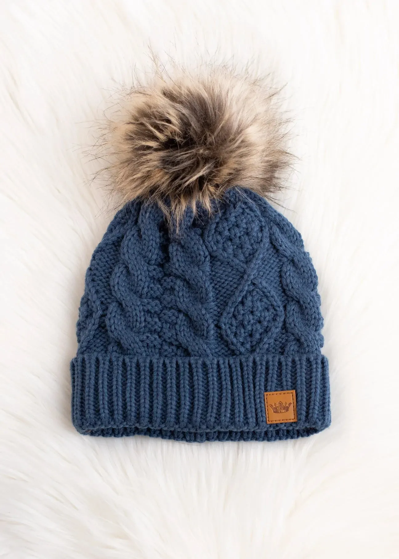 Cable Knit Hat with Faux Fur Pom