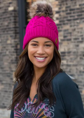 Cable Knit Hat with Faux Fur Pom