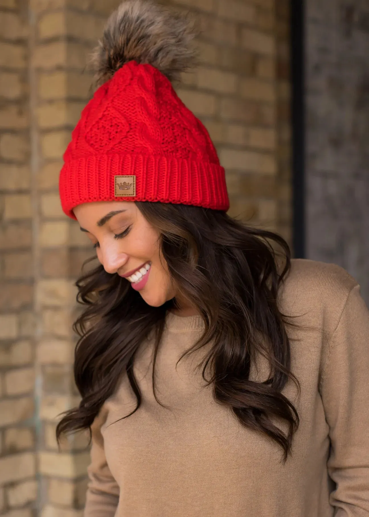 Cable Knit Hat with Faux Fur Pom