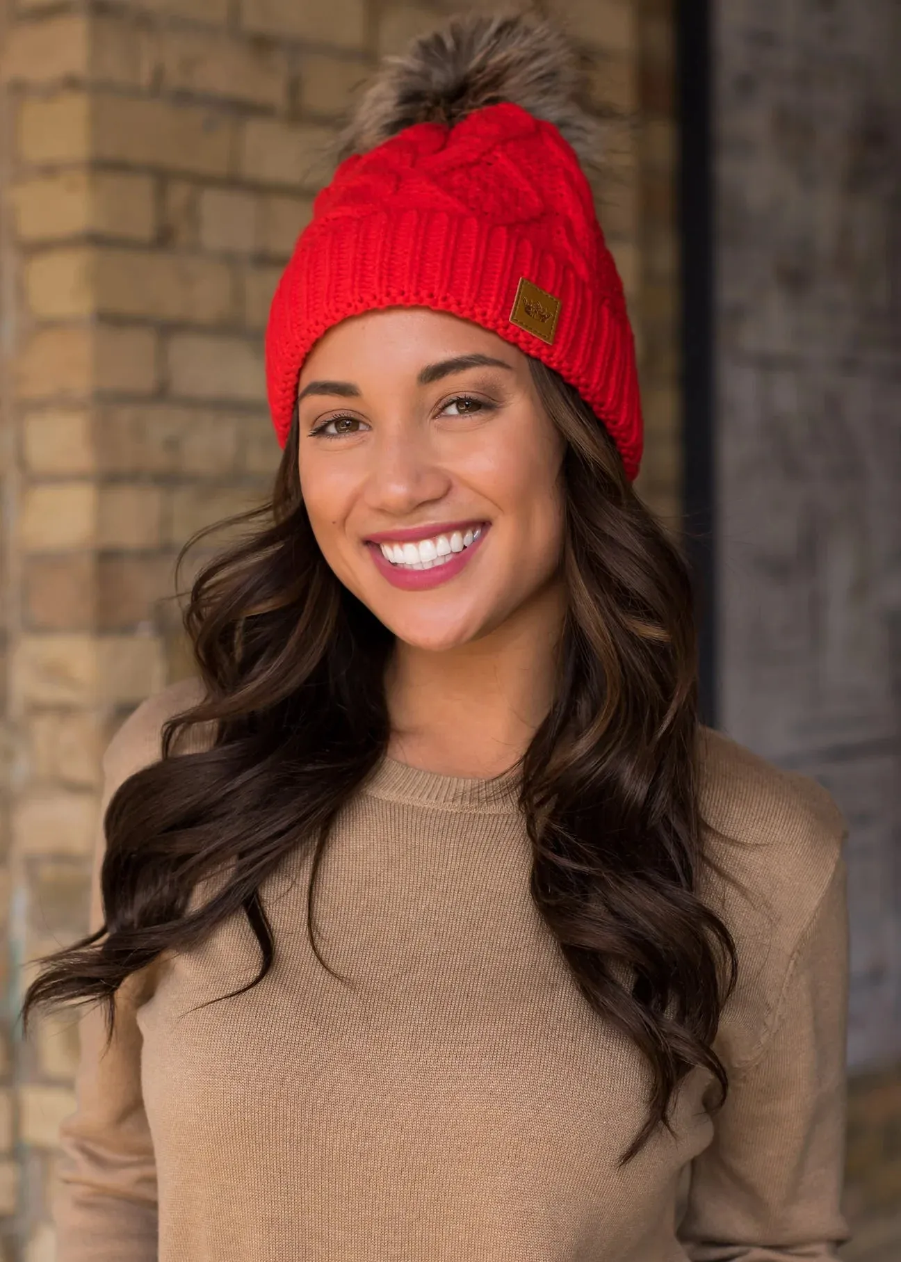 Cable Knit Hat with Faux Fur Pom