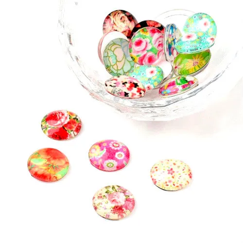 Assorted Glass Dome Cabochons with Printed Flowers - 12mm Flat Back Seals