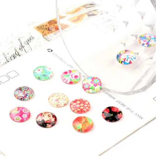 Assorted Glass Dome Cabochons with Printed Flowers - 12mm Flat Back Seals