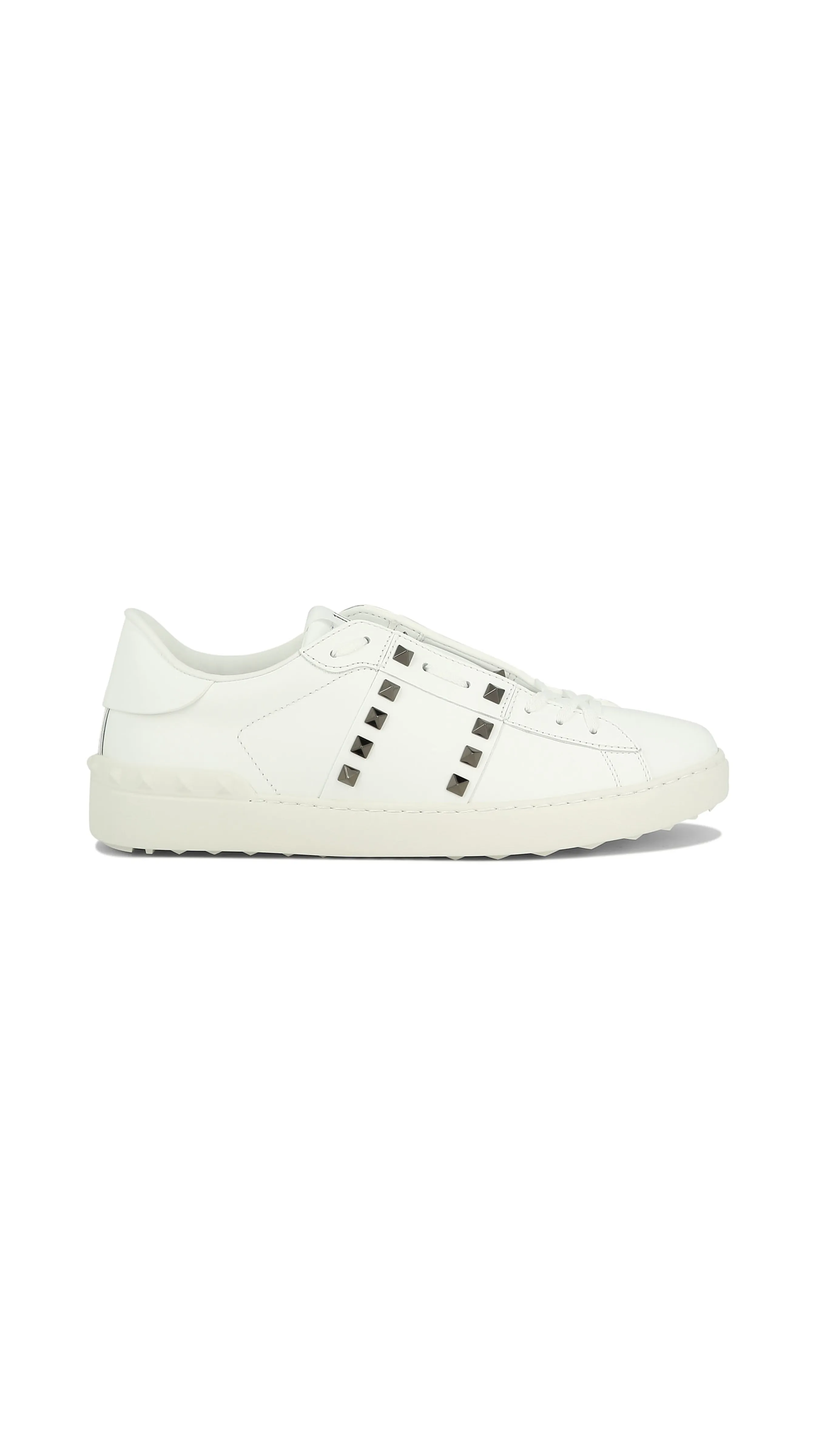 White Calfskin Rockstud Untitled Sneakers with Grey Studs