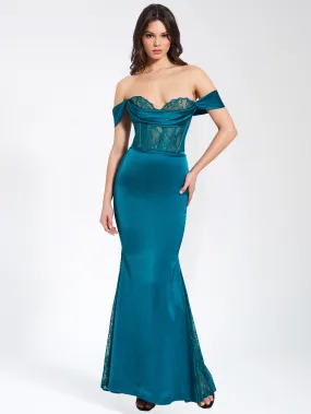 Callista Teal Satin Lace Corset Maxi Dress