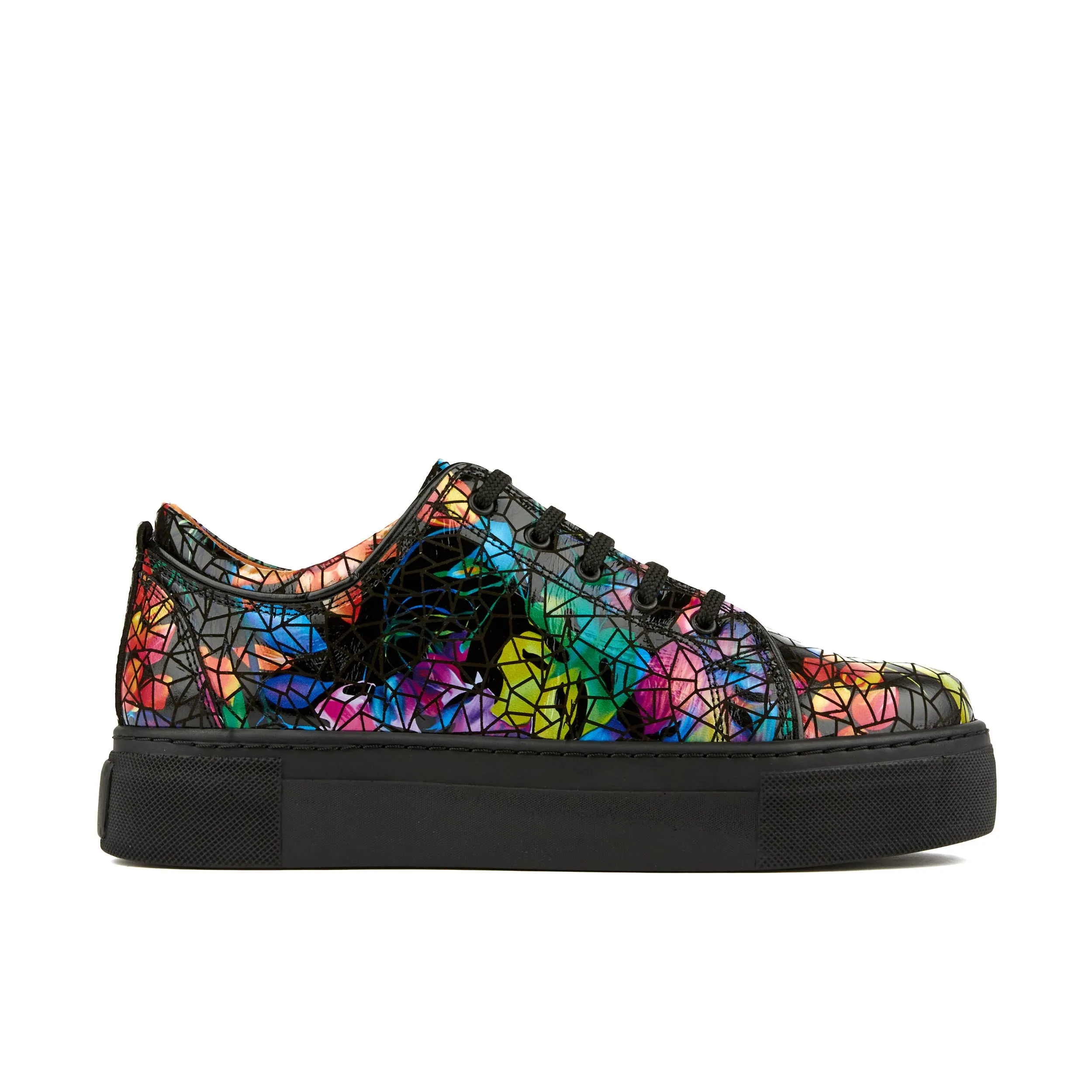 CAMILA DARK TROPICAL - Women's black platform leather trainer in dark print