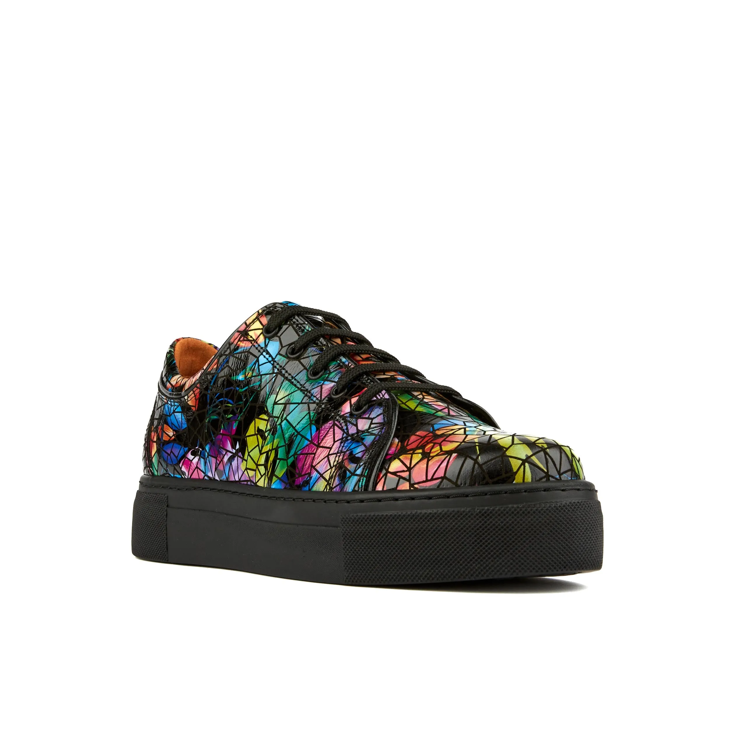 CAMILA DARK TROPICAL - Women's black platform leather trainer in dark print