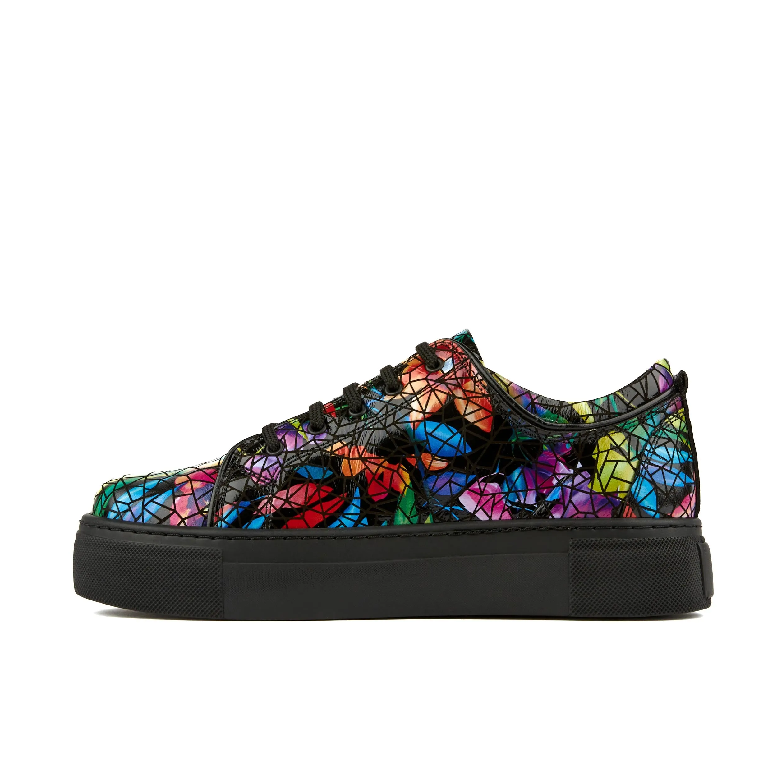 CAMILA DARK TROPICAL - Women's black platform leather trainer in dark print