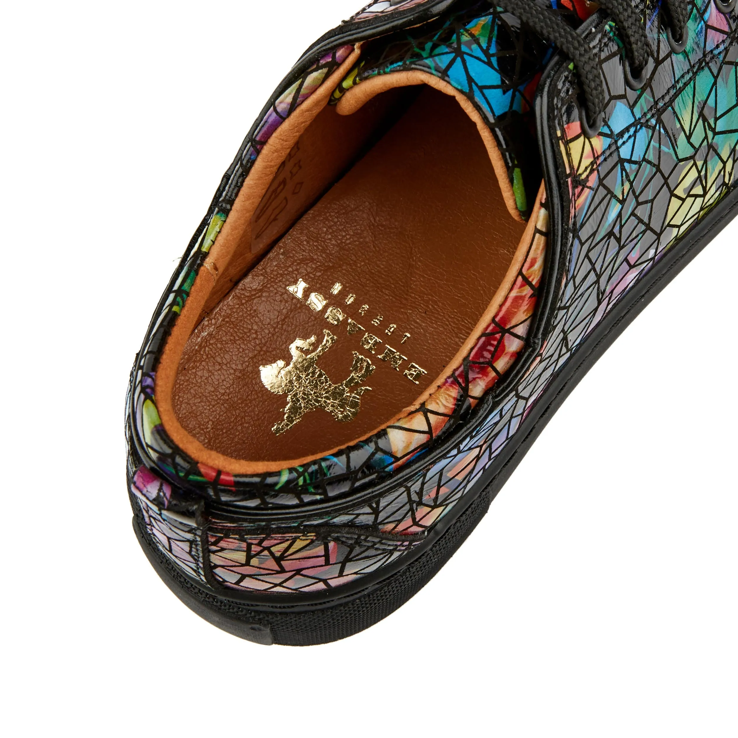 CAMILA DARK TROPICAL - Women's black platform leather trainer in dark print