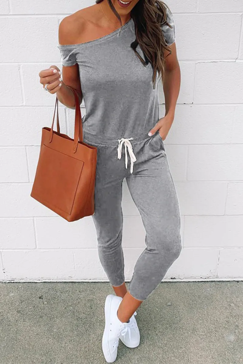 Casual Solid Draw String One Shoulder Skinny Jumpsuits